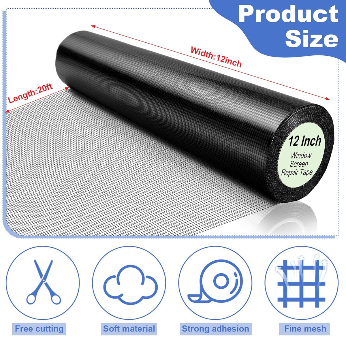 CroBlissful Extra Wide 5 inch x 20 ft Window Screen Tape Mesh Repair Strong Adhesive Waterproof Fiberglass Screen Repair Kit Patch for Window Door Tears Holes(Black)