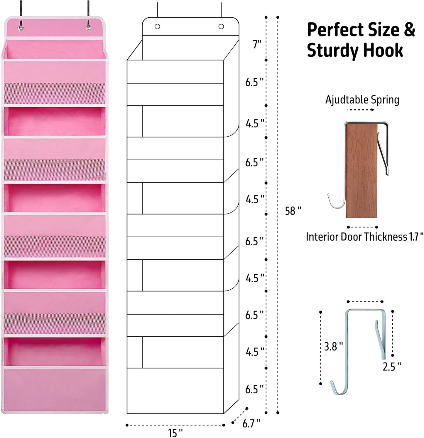 TYMENSH White Over Door Organizer with 5 Large Clear Pockets and 6 Side Mesh Pockets, Anti-Tilt Hanging Door Storage for Nursery, Bathroom, Closet, Bedroom, Dorm, Toys