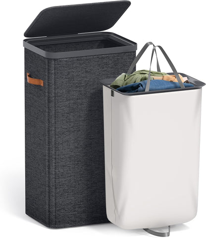 Sorbus Laundry Hamper with Lid - Collapsible 3-Compartment Fabric Laundry Basket with Handles and Removable Laundry Bag – 50 Gallon (190 L) Dirty Clothes Hamper for Bedroom, bathroom and dorm (Beige)