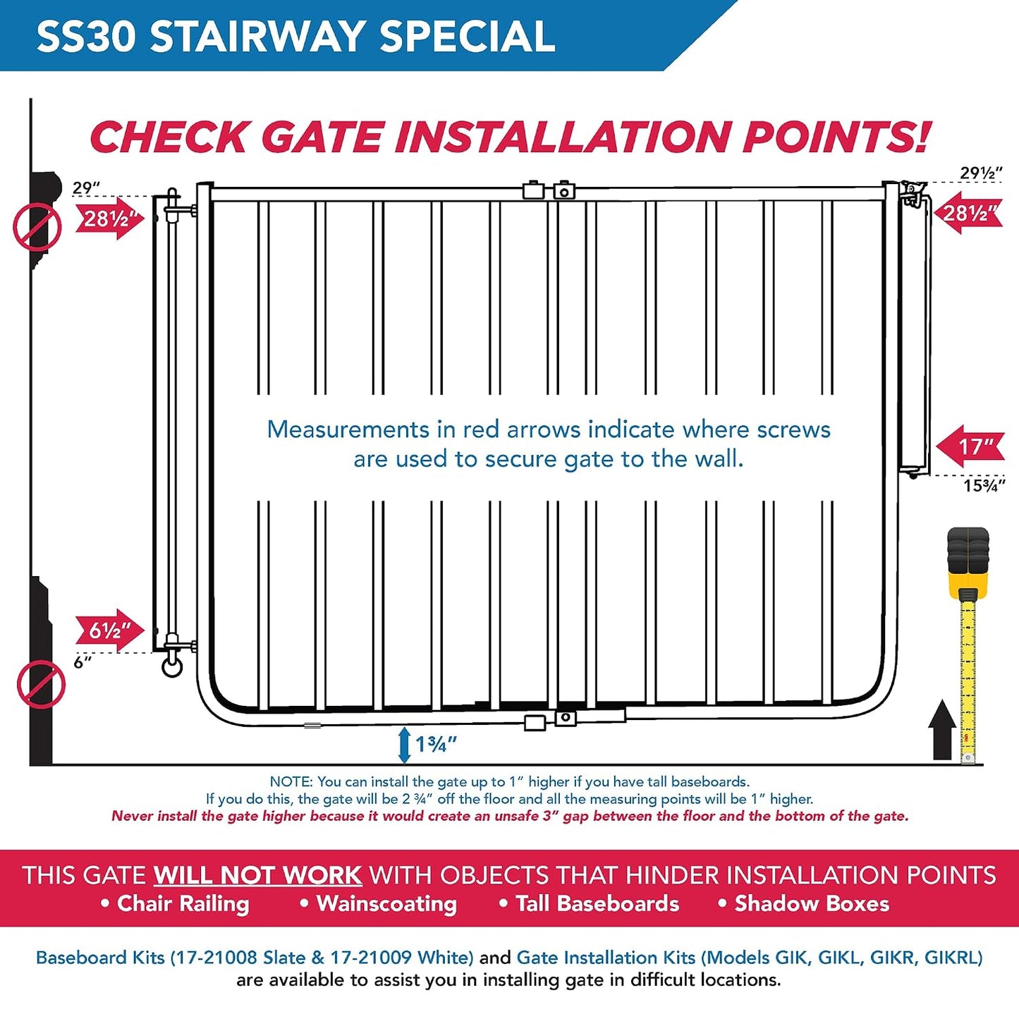 Cardinal Gates SS30 Stairway Special Baby Gate for Top of Stairs - Adjustable Indoor Dog Gate - Aluminum Metal Safety Gate for Kids & Pets - 27 to 42.5 Inches Wide - White