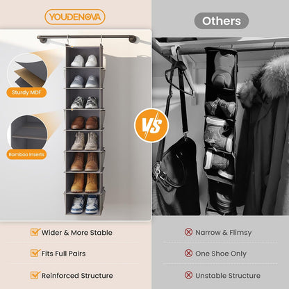 YOUDENOVA Upgraded Extra Wide Hanging Shoe Organizer for Closet, 8-Shelf Storage Organizer with 8 Side Pockets, Hanging Shoe Rack for Hats Clothes Jeans, Grey