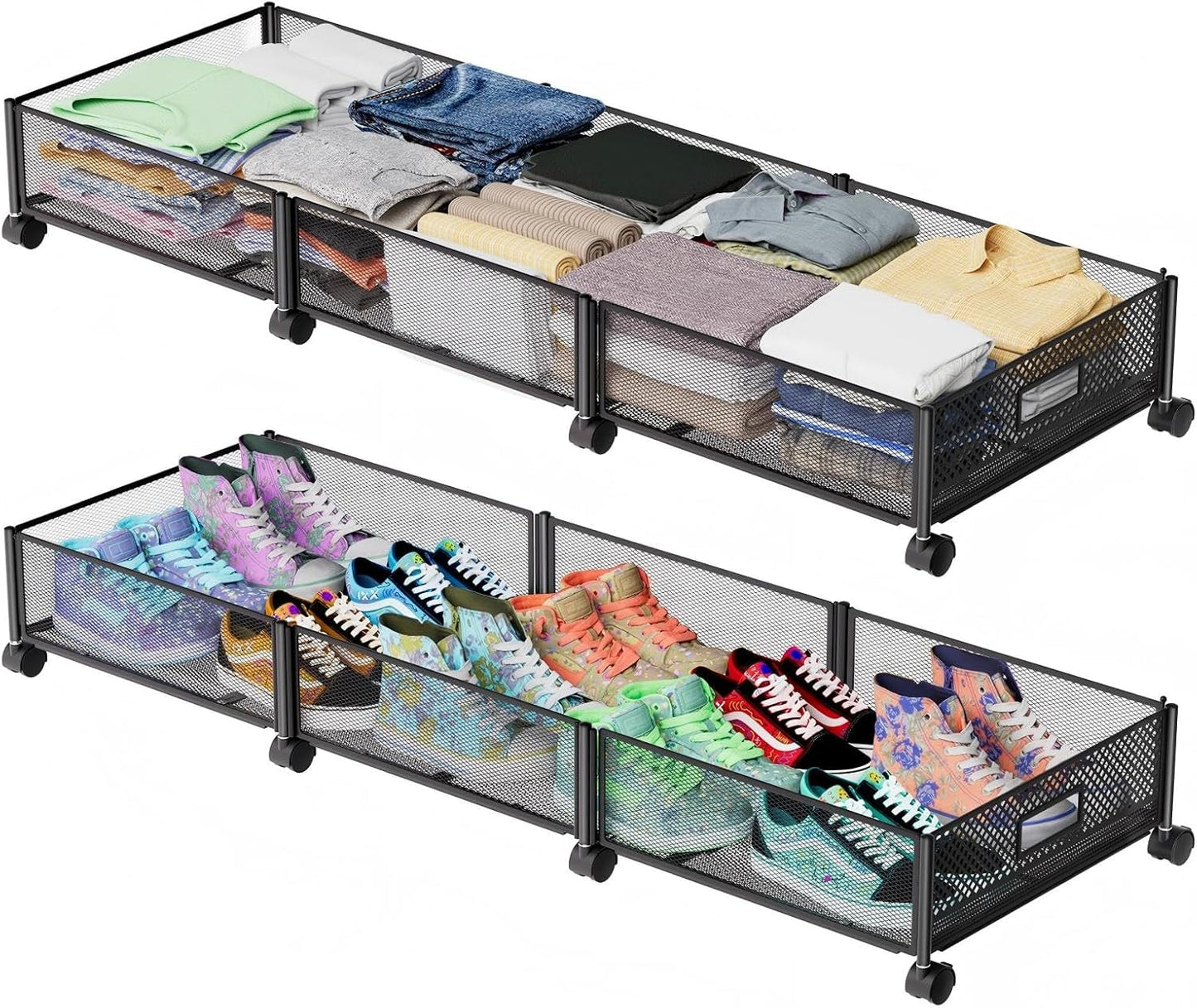 47.2'' Long Under Bed Storage on Wheels, 57.6L Large Capacity Rolling Under the Bed Storage Containers, Tool-Free Assembly Foldable Underbed Shoes Clothes Toy Drawers