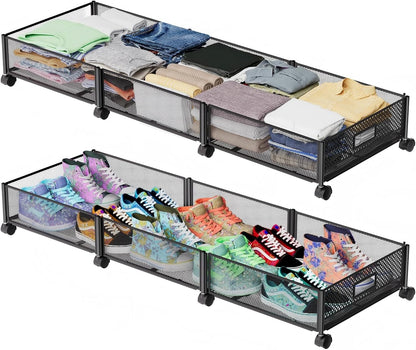 47.2'' Long Under Bed Storage on Wheels, 57.6L Large Capacity Rolling Under the Bed Storage Containers, Tool-Free Assembly Foldable Underbed Shoes Clothes Toy Drawers
