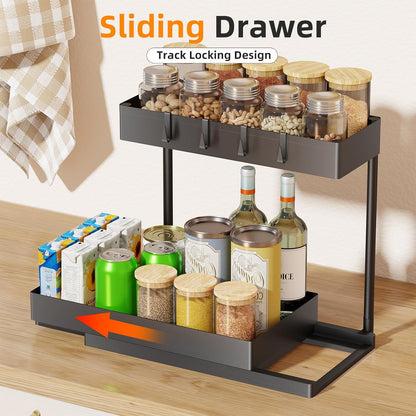 Simple Trending Under Sink Organizer 2 Pack, 2 Tier Cabinet Organizer with Sliding Basket, Multi-Purpose Sink Storage Basket with 4 Hooks for Kitchen Bathroom, Black