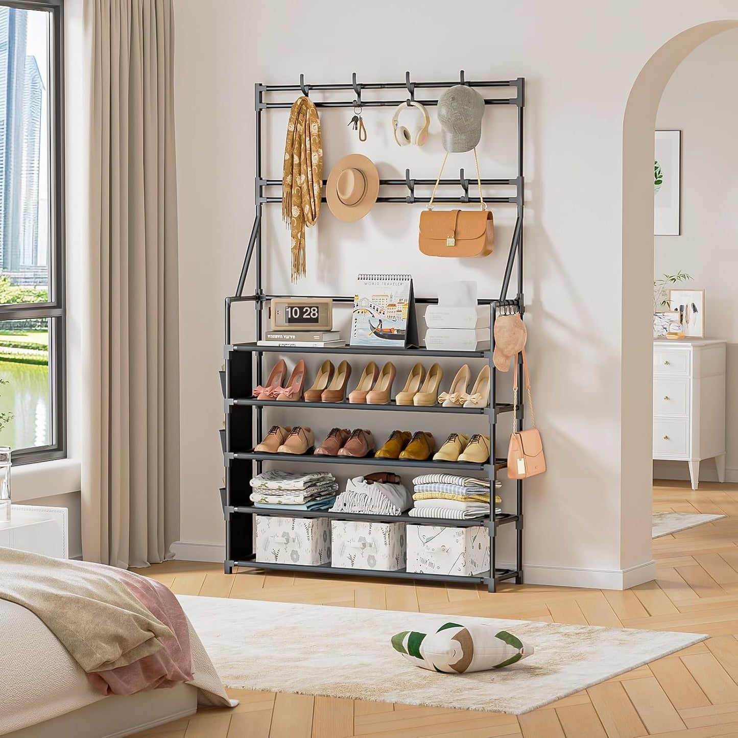 OYREL Shoe Rack, 5 Tier Shoes Storage Organizer, with Functional Hooks and Side Pocket, 20-25 Pairs, for Closet/Entrance/Entryway, Sneaker and Boot Stackable Free Standing Shoe Rack