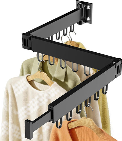 JAUREE Clothes Drying Rack Wall Mounted, Space-Saving Drying Rack Clothing, Collapsible Foldable Retractable Laundry Rack with 18 Hooks, Indoor/Outdoor, White