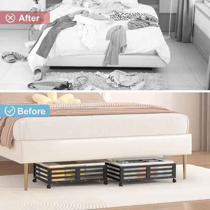 Under Bed Storage Containers With Wheels - 2 Pcs Bamboo Wood Rolling Underbed Shoe Storage Bins With Dust Bags for Clothes Blankets, Duvet Covers Snacks Toys (Natural)
