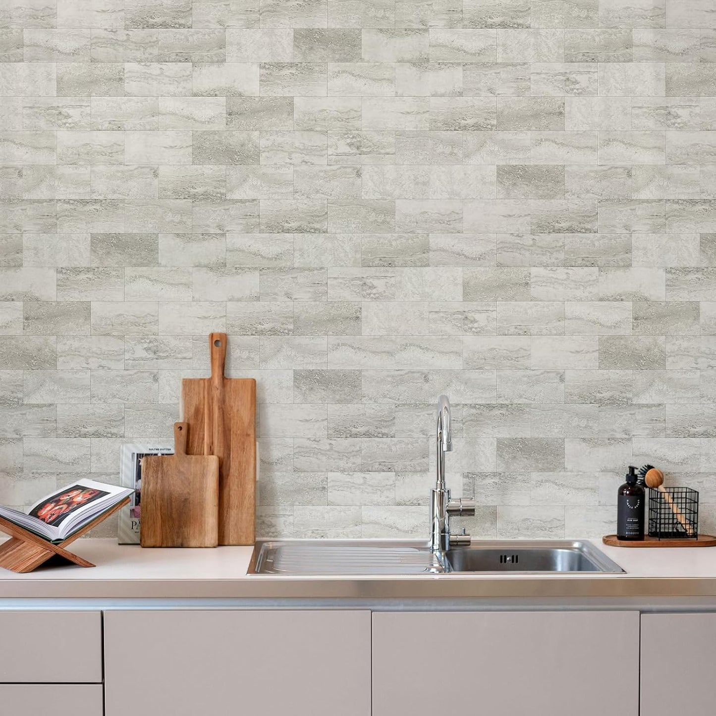 Vamos Tile 100-Piece Glossy Dolomite White Peel and Stick Backsplash Tile,3''x6'' PVC Subway Tile with White Grout, Stick on Backsplash for Kitchen/Bathroom/Fireplace