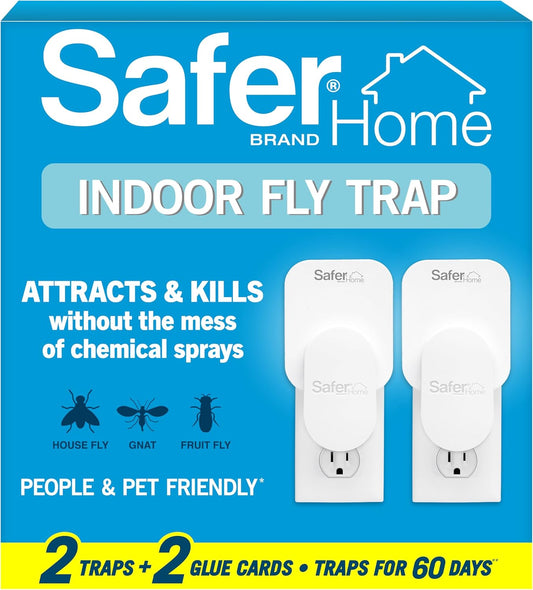 Safer Home Flying Insect Trap, Plug-in Fruit Fly Trap for Indoors, 2-Pack | Flying Insect, Moth, & Gnat Trap, Fruit Fly Killer, Fly Catcher, 24/7 Catch, Chemical-Free, 2 Traps + 2 Glue Cards, SH502-2SR