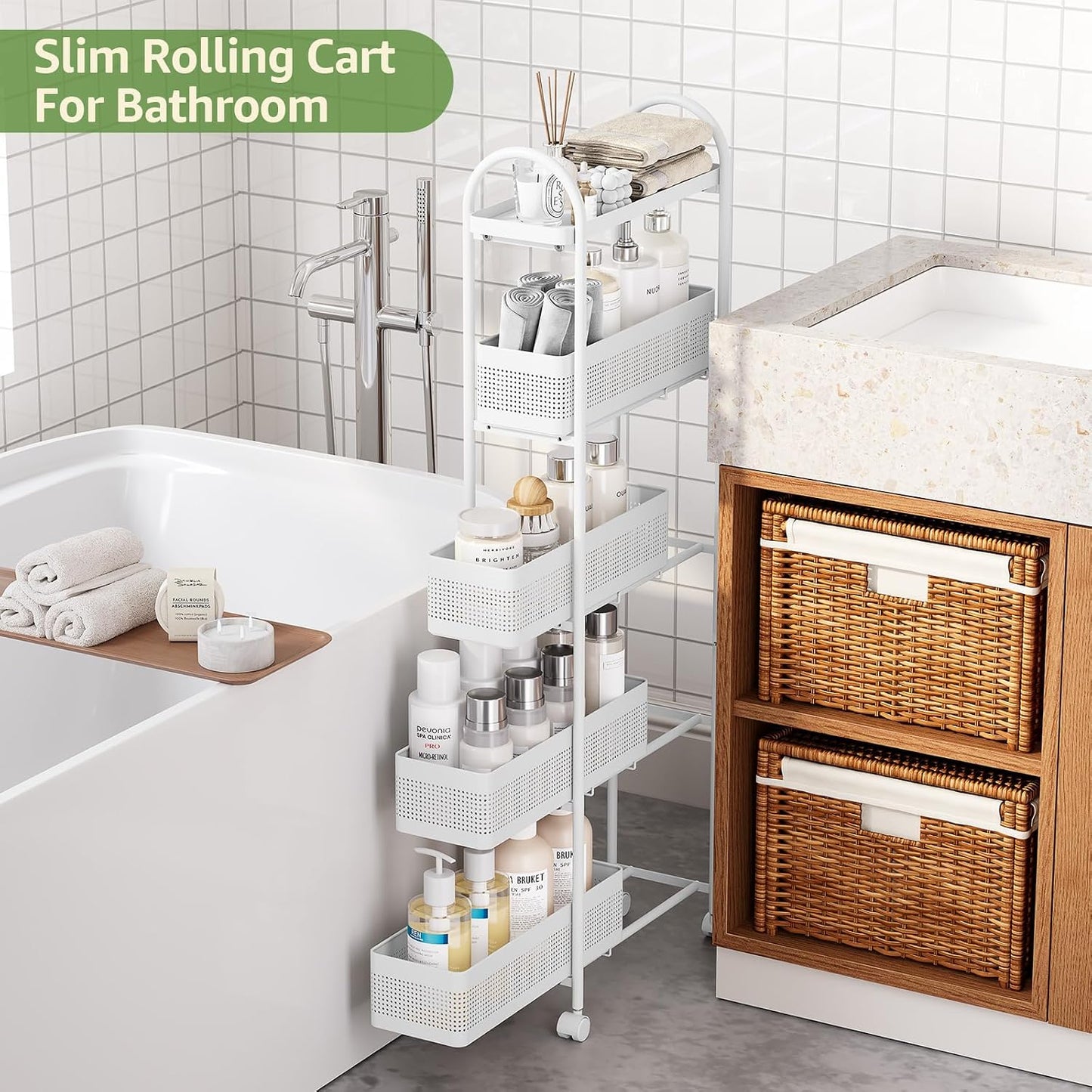 KINGRACK Slim Storage Cart with Drawer, 5-Tier Rolling Utility Cart on Wheels, Narrow Metal Cart for Space Save, Easy Assembly for Kitchen Cart, Craft Cart, Laundry, Bathroom, Nursery Organizer