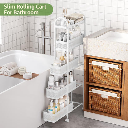KINGRACK Slim Storage Cart with Drawer, 5-Tier Rolling Utility Cart on Wheels, Narrow Metal Cart for Space Save, Easy Assembly for Kitchen Cart, Craft Cart, Laundry, Bathroom, Nursery Organizer
