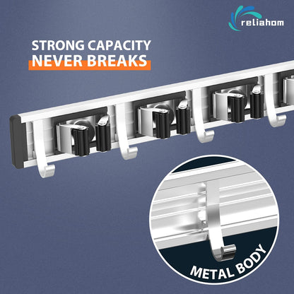 reliahom Broom Holder Wall Mount Mop Hanger Tools organizer 4Racks 5Hooks | Adjustable Mop Broom Wall Hanging Heavy duty Tools Storage Rack Space-saving for Garage,Kitchen,Laundry Room,Garden, Silver