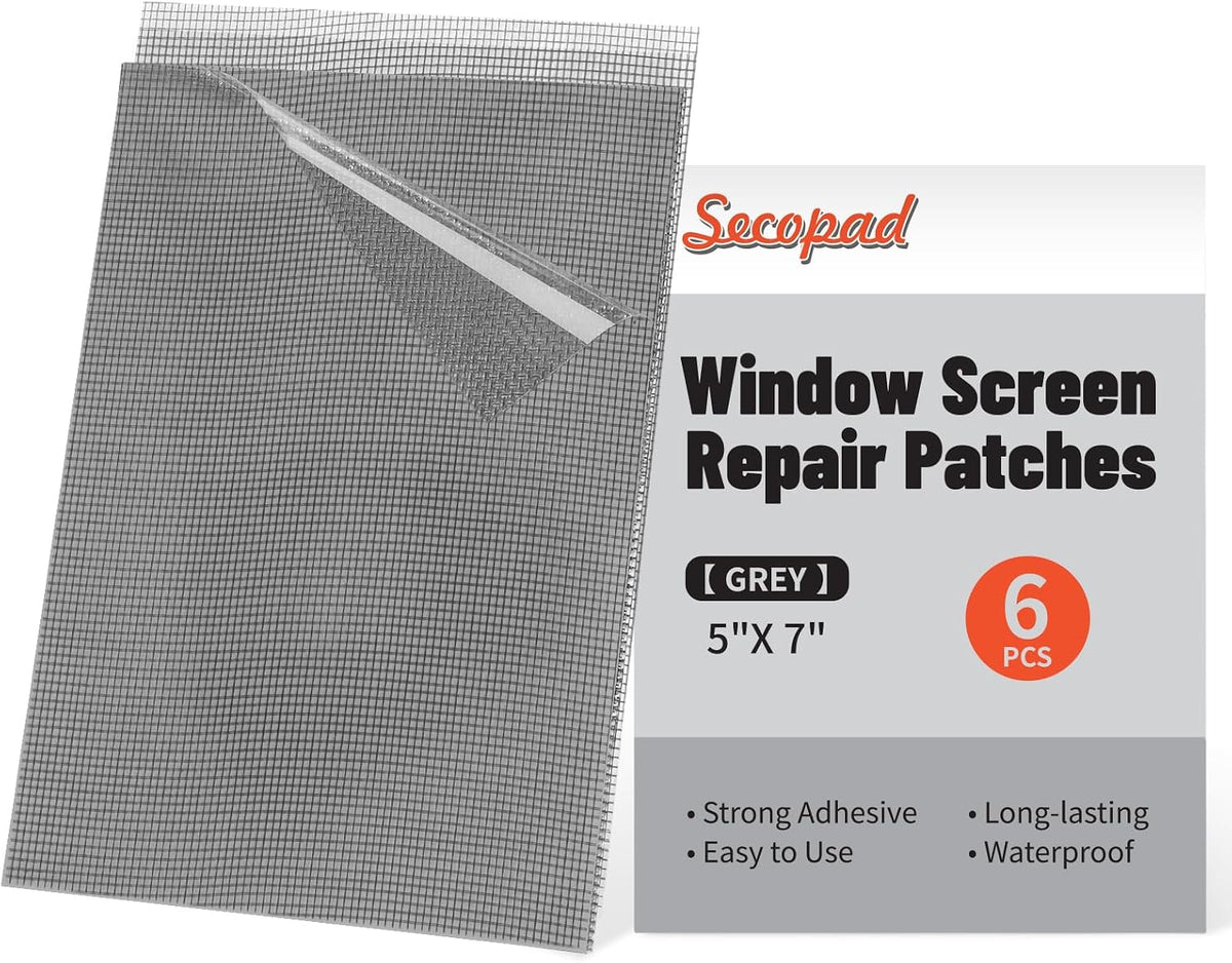 Secopad 5" x 7" Black/Grey Screen Repair Kit, 6 PCS Window Screen Patch Repair Tape for Mesh Window Door, Strong Adhesive Fiberglass Mesh Pacth Tape
