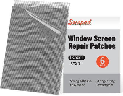 Secopad 5" x 7" Black/Grey Screen Repair Kit, 6 PCS Window Screen Patch Repair Tape for Mesh Window Door, Strong Adhesive Fiberglass Mesh Pacth Tape