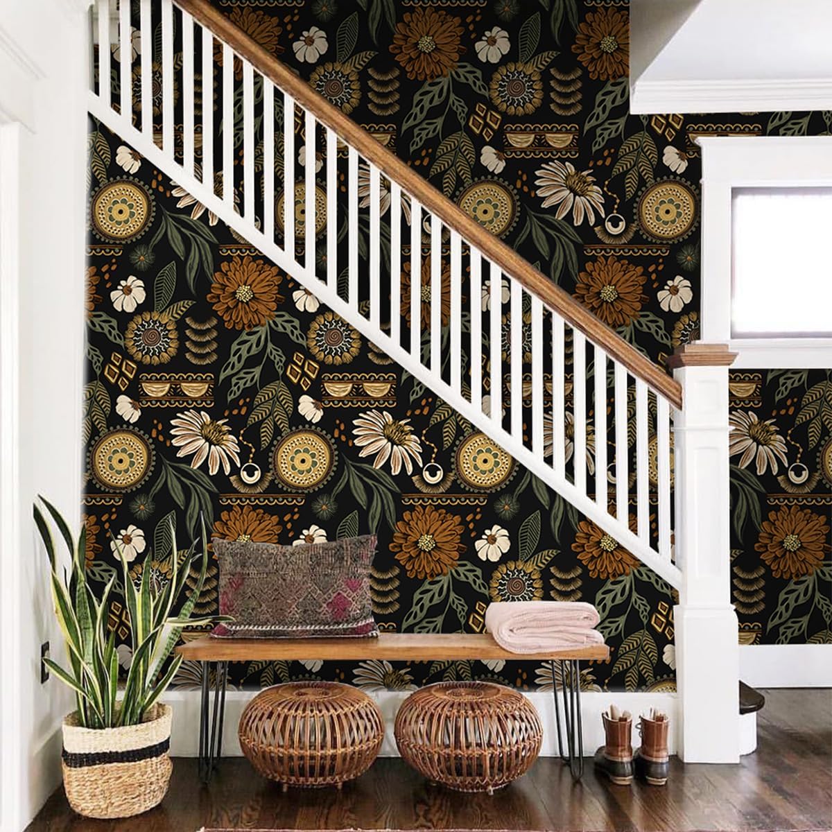 Simon&Siff Boho Peel and Stick Wallpaper, 17.3" x 80" Sun Floral Retro Contact Paper Removable Self Adhesive Wall Paper for Cabinets Furniture Bedroom Nursery Bathroom Renter Friendly DIY Decor