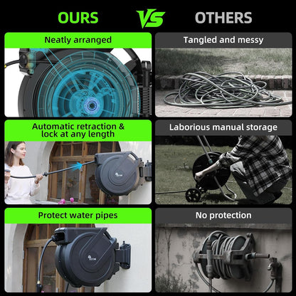 Retractable Garden Hose Reel 5/8 in x100 ft, Heavy Duty Wall Mounted Hose Reel with 10- Function Sprayer Nozzle, Any Length Lock/Automatic Slow Return System,180° Swivel Bracket