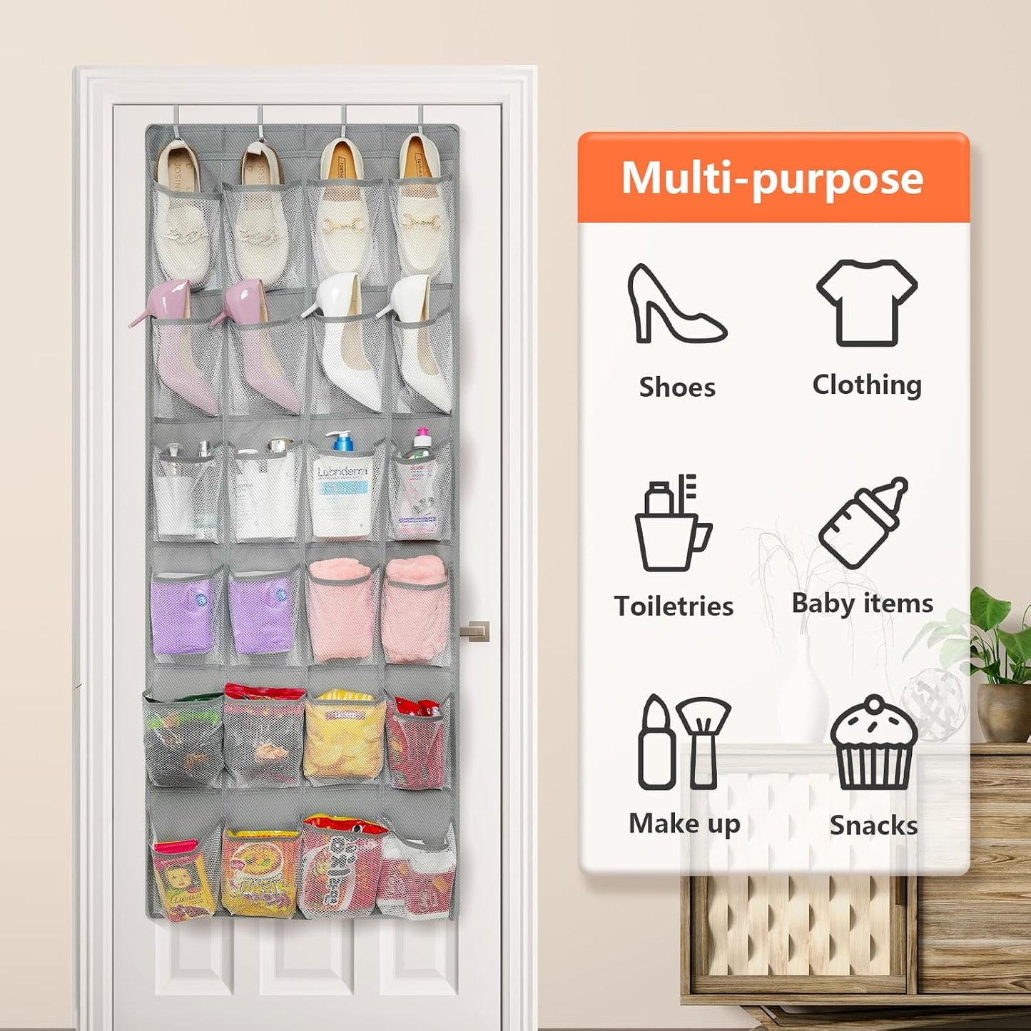 FENTEC 40 Large Pockets Over The Door Shoe Organizer, Mesh Hanging Shoe Organizer Shoe Rack for Closet Mesh Closet Shoe Holder, Over Door Organizer, Shoe Organizer for Wall, Grey, 1 Pack