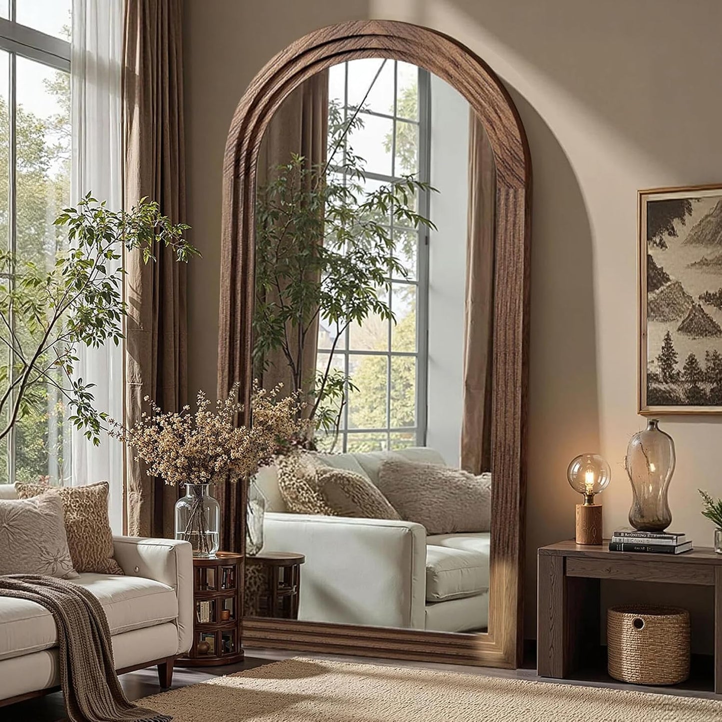 Delma Arched Full Length Floor Mirror with Stand, 75x35 Rustic Farmhouse Solid Wood Frame Wall Mirror for Bedroom, Living Room, Vertical Hanging & Standing(Brown)