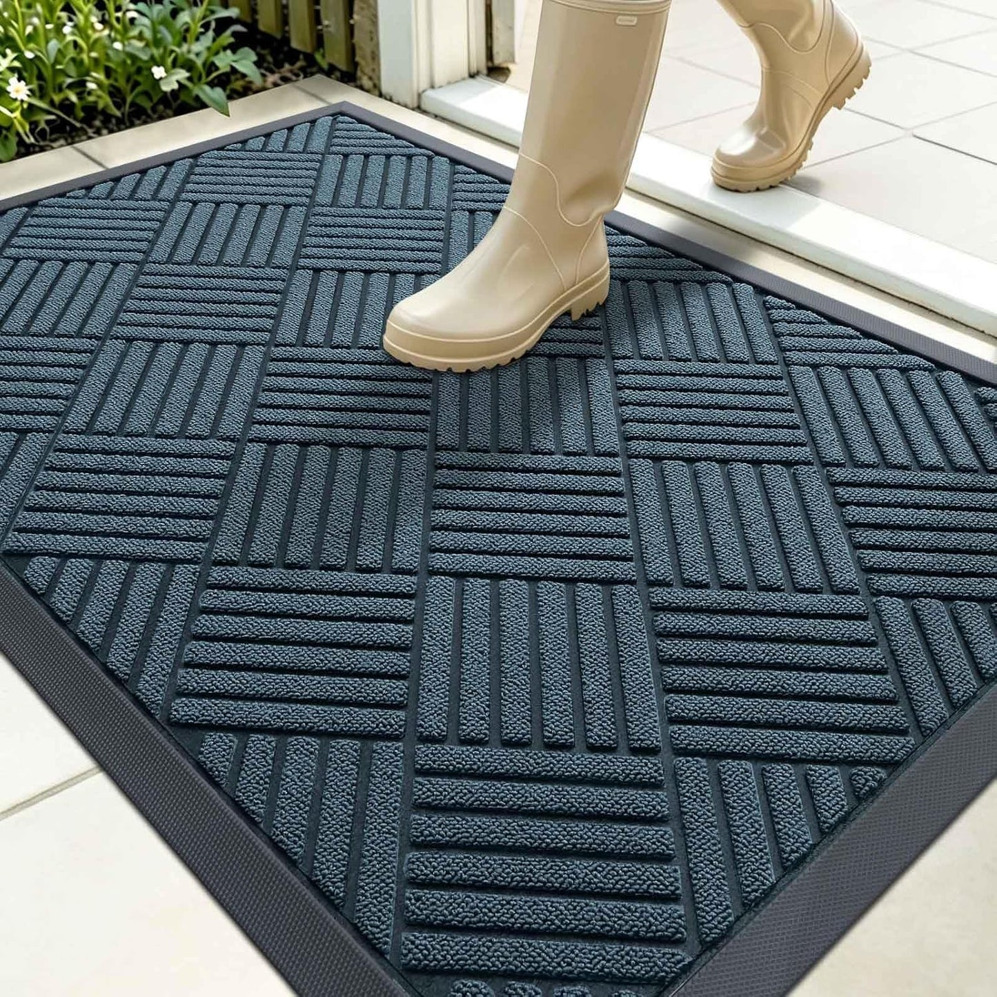 OLANLY Front Door Mat Outside Entrance 29.5x17, Absorbent, Heavy Duty Sturdy Natural Rubber Doormat Indoor Outdoor, Stain and Fade Resistant, Non-Slip Low Profile Floor Mat for Entryway, Grey Diamond