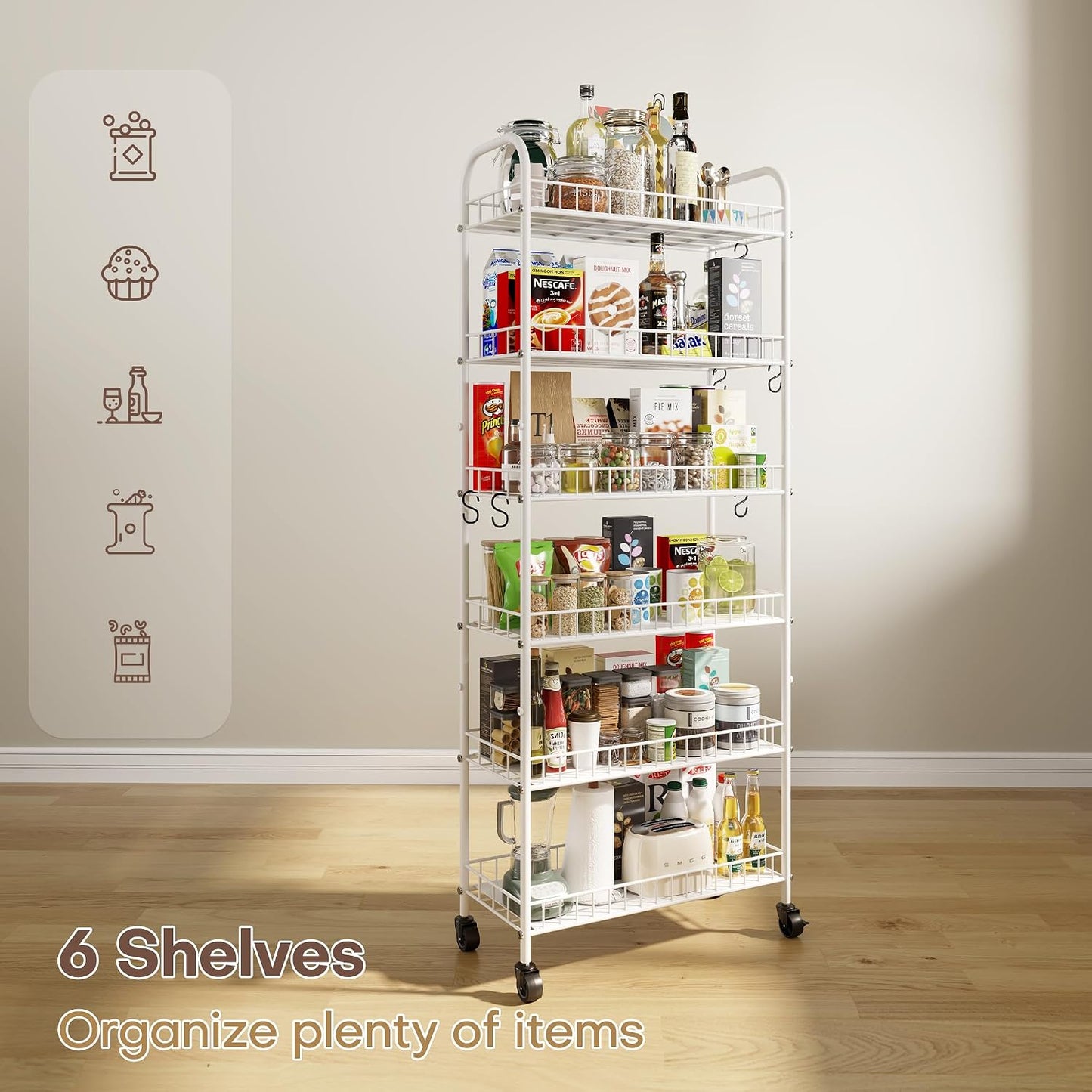 Slim Rolling Storage Cart with Wheels, Metal 6 Tier Spice Rack Mobile Shelving Unit Organizer Kitchen Utility Cart for Office Bathroom Kitchen Laundry Room Narrow Places (6inches)