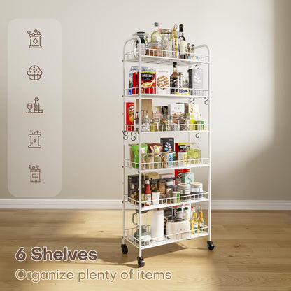 Slim Rolling Storage Cart with Wheels, Metal 6 Tier Spice Rack Mobile Shelving Unit Organizer Kitchen Utility Cart for Office Bathroom Kitchen Laundry Room Narrow Places (6inches)