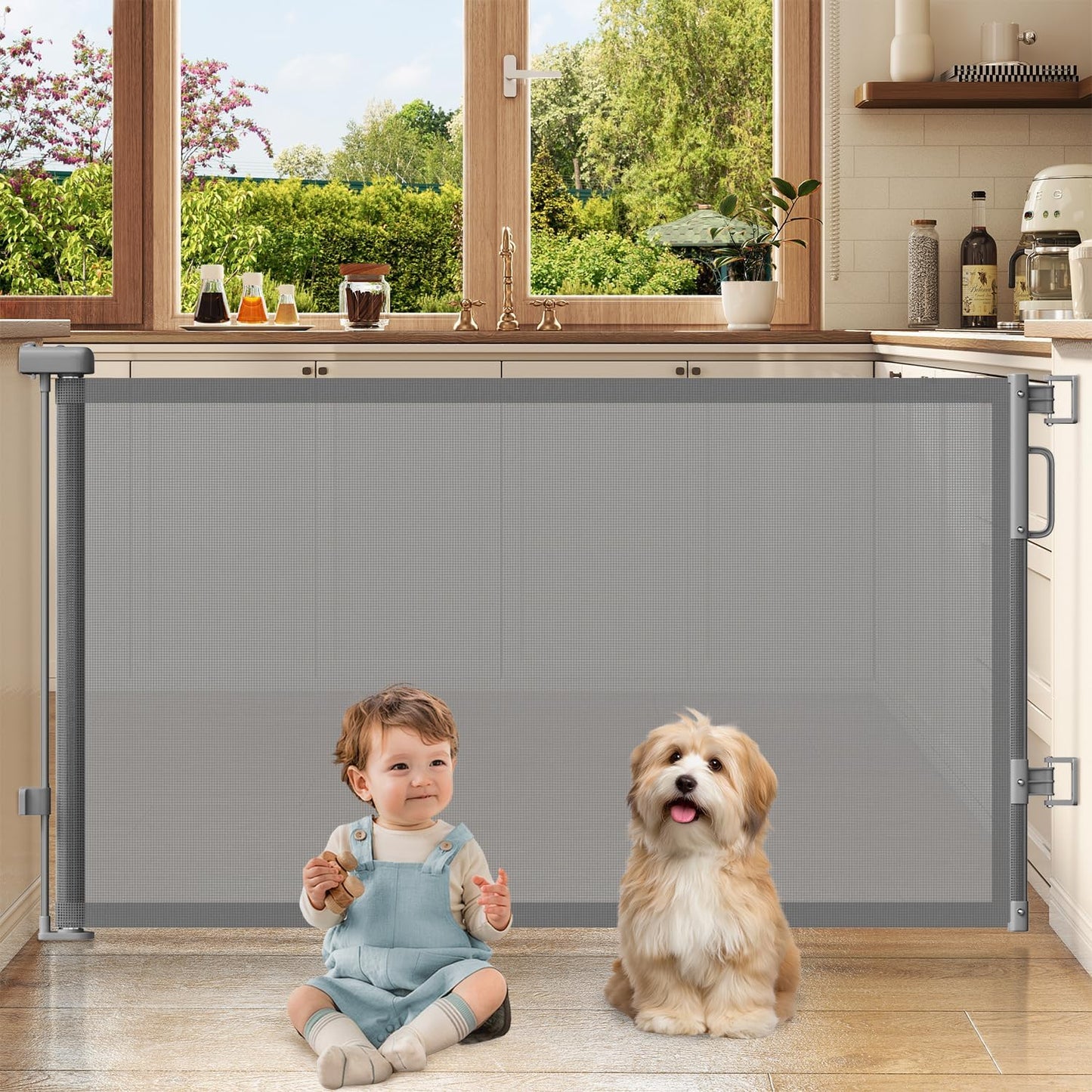 Retractable Baby Gates for Doorways, 58" Extra Wide Mesh Child Dog Gate for Stairs, 34" Tall Toddler Pet Gate Indoor and Outdoor, Easy Install, Essential for Home Safety, Black
