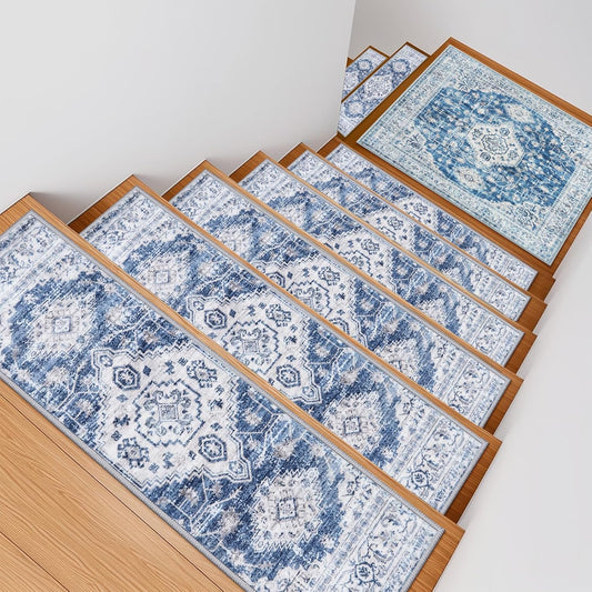 OJIA Stair Treads Non Slip for Wooden Steps Indoor 15PCS Carpet Stair Treads, Rubber Backing Stair Carpet Treads, Residue Free 8"x30" Staircase Step Treads Edging Stair Rugs for Kids & Pets, Gray