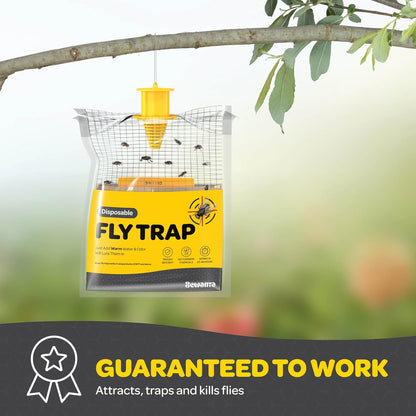 Outdoor Fly Trap Bags [Set of 4] Disposable Fly Traps Outdoor - Hanging Fly Traps with dissolvable Non-Toxic Bait - Bug Catcher Killer for All Flies for Outside Bug Control Patio, Barn and Ranch Etc