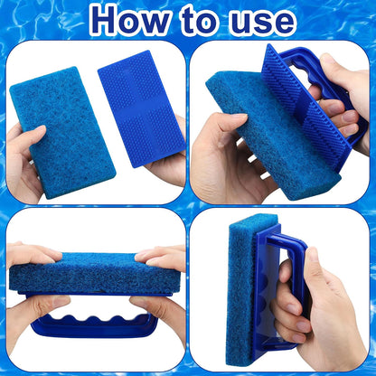 3 Pack Hand-Held Pool Scrub Brush Pool Cleaning Sponge Scrubber Brush Replaceable Scrubbing Scouring Sponge Pad for Swimming Pools Shower Tile Step Corner Liners Walls Sink Spas Tubs Kitchen Bathroom