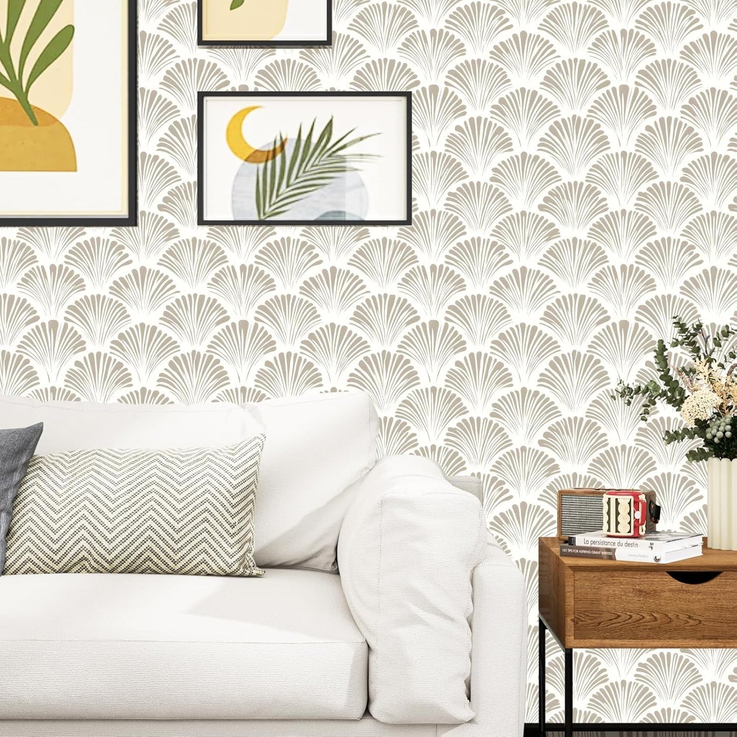 BOKEBEVE Leaves Contact Paper Floral Wallpaper Stick and Peel Boho Damask Wall Paper for Liner Drawer Cabinet Backsplash Renter Friendly Waterproof 17.5 x 118In