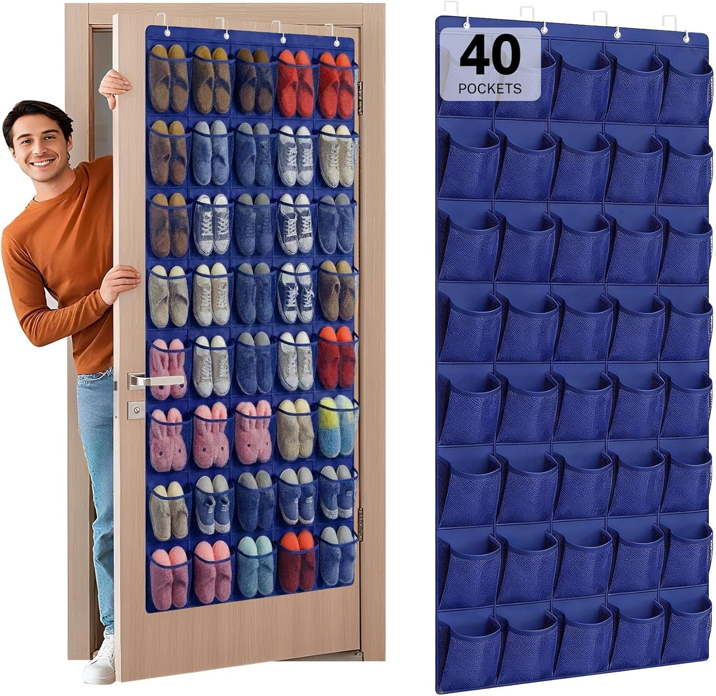 40 Large Mesh Pocket Over the Door Shoe Organizer,Hanging Shoe Rack for Door,Hualleko Shoes Organizer Hanger with Large Capacity, Shoes Storage Holder Sturdy Non-woven Fabric - Stores 20 Pairs (White)