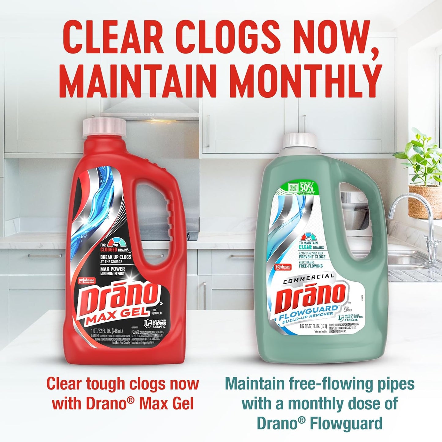 Drano Max Gel Drain Clog Remover & Cleaner, Fast-Acting to Unclog Standing Water & Remove Hair, Grease & Food Blockages, Safe for all Pipes & Septic, Kitchen Sinks, Bathroom Showers & Tubs, 32 Oz