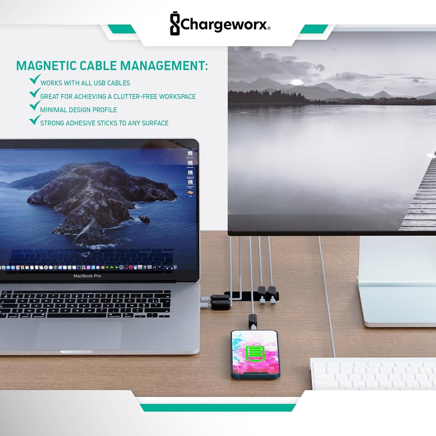 Chargeworx Magnetic Cable Clips - Cord Holder Organizer, No Drill Self-Adhesive Base, Cable Organizer, Repositionable Magnetic Clips, 5-Pack, USB-C Lightning Micro-USB, Desk Nightstand Wall Car, Black