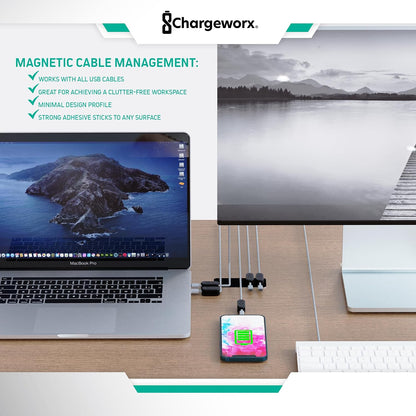 Chargeworx Magnetic Cable Clips - Cord Holder Organizer, No Drill Self-Adhesive Base, Cable Organizer, Repositionable Magnetic Clips, 5-Pack, USB-C Lightning Micro-USB, Desk Nightstand Wall Car, Black