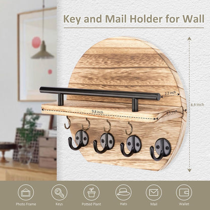 Nekon Key Holder for Wall - 9.8 Inch Apartment Wall Decor with Shelf and 8 Key Hooks, Circular Wood Key Hanger for Home Decor (Black with Golden Hooks)