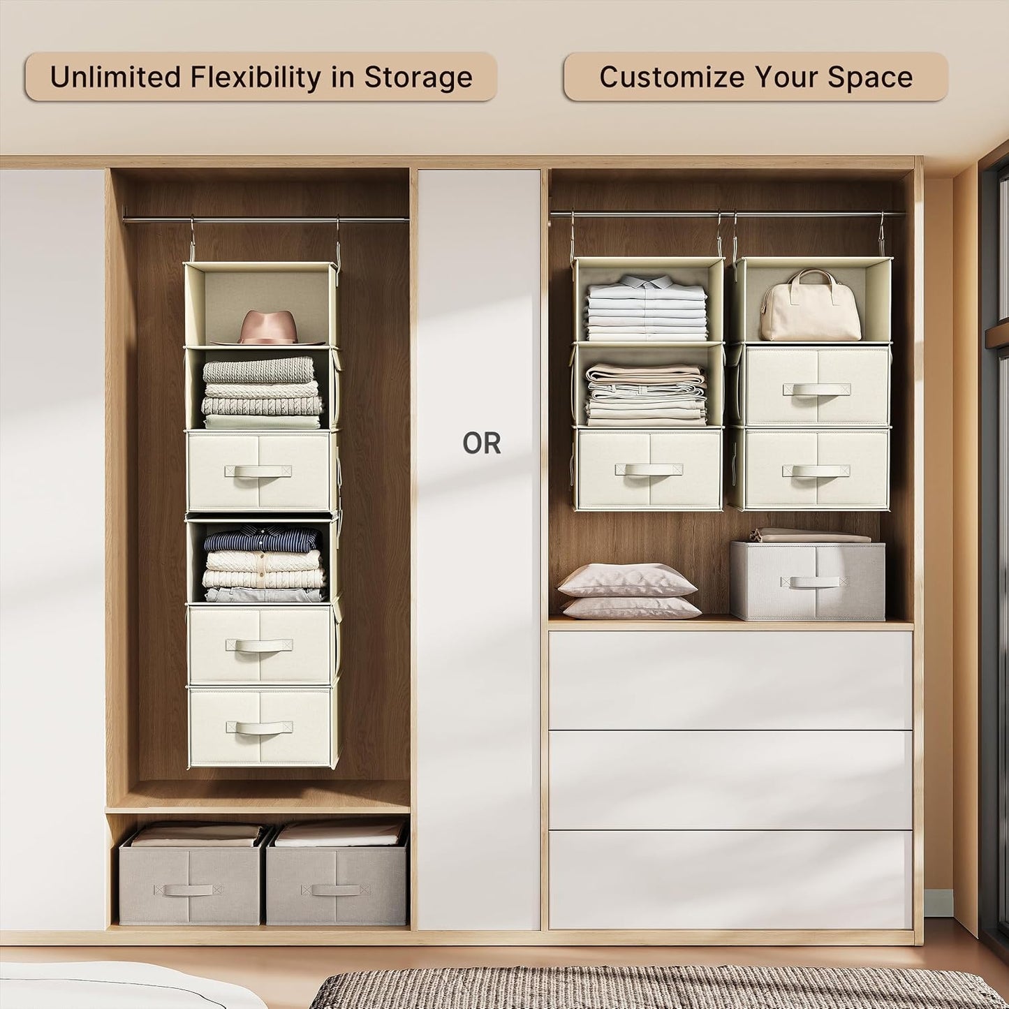 Vailando 6-Shelf Hanging Closet Organizer with 3 Drawers, 2 Separable 3-Shelf Closet Organizers and Storage for Wardrobe Organization, Hanging Dresser for Nursury & Dorm Clothes Organizer