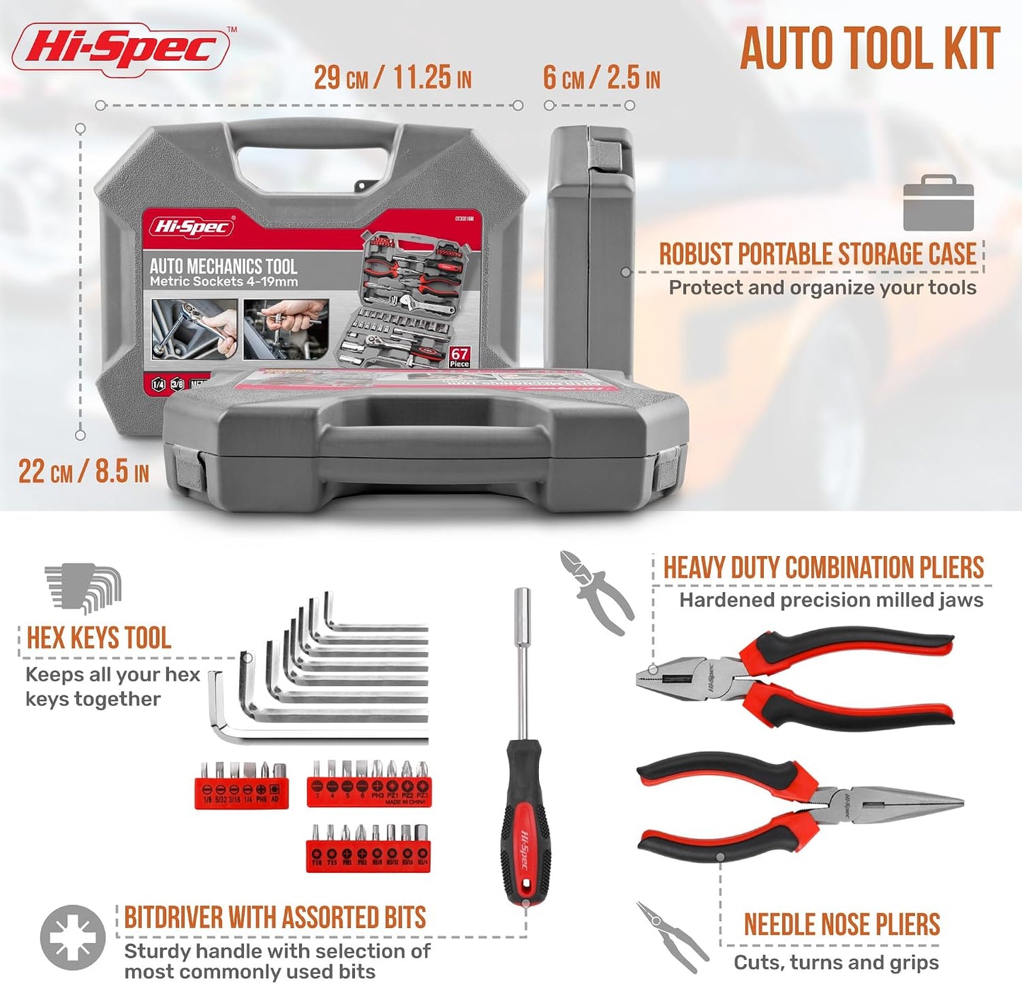 Hi-Spec 73pc Home and Garage Tool Kit Set. Essential Household and Auto Repair Tools. Includes Pliers, Sockets, Wrenches and a Hex Key Set in a Toolbox Carry Case