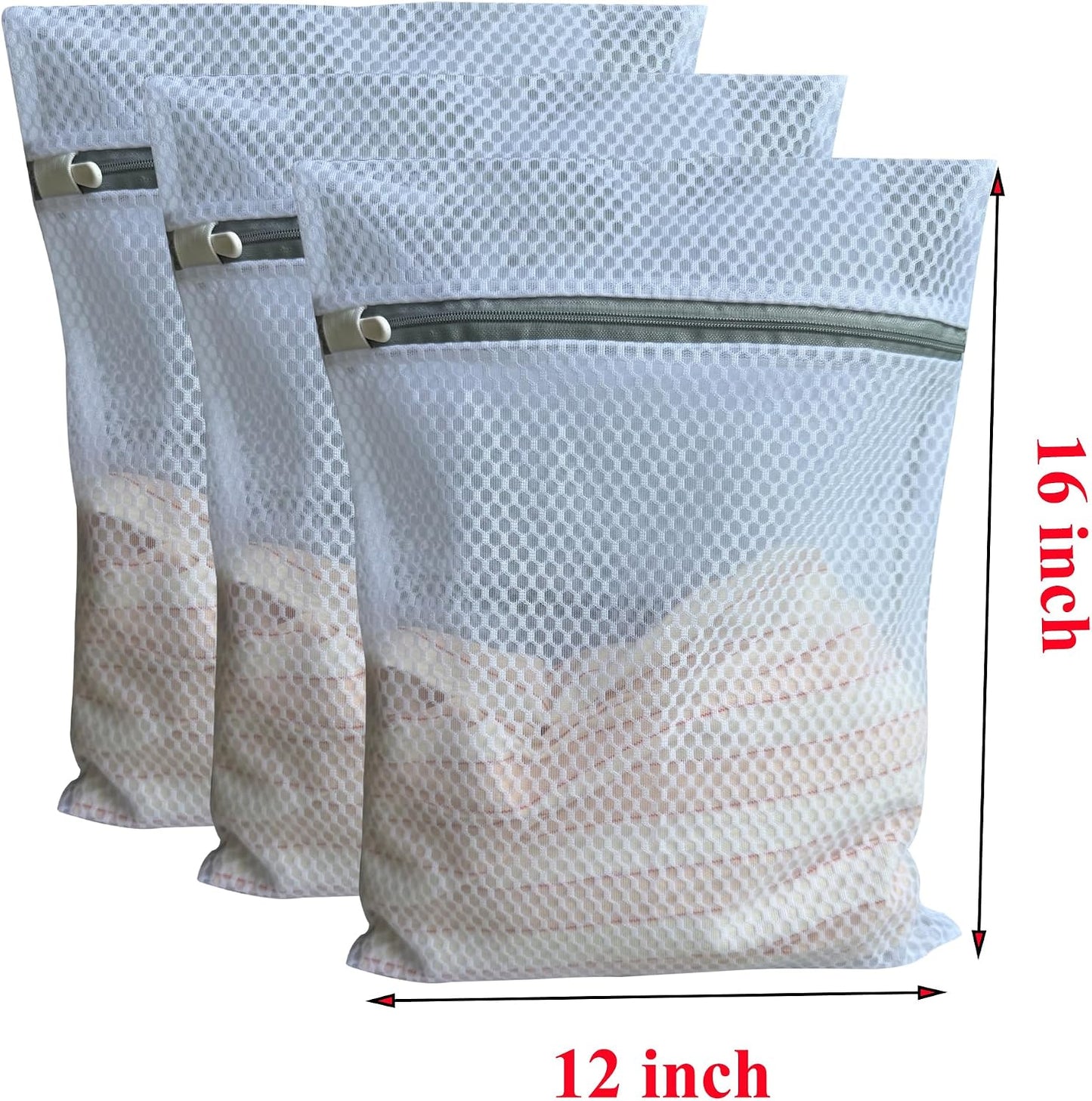 3Pcs Mesh Laundry Bags Durable Zipper Wash Bags for Delicates, Lingerie, Bras, Underwear, Baby Clothes, Shoe, Sock - Protect Garments in Washing Machine Pouch Net Bag Travel 12 x 16 Inches