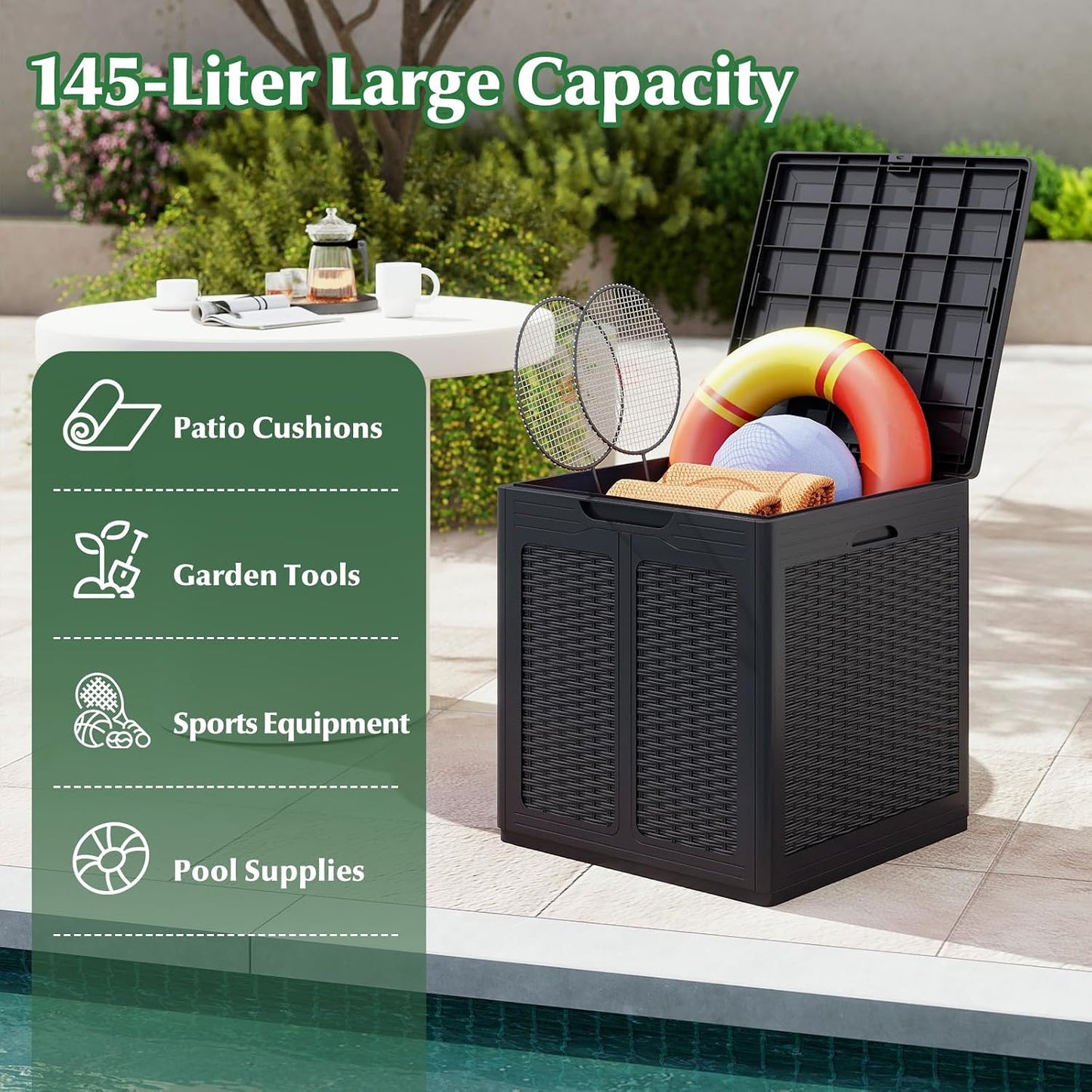 Tangkula 25 Gallon Waterproof Outdoor Storage Box with Lockable Lid | PP Resin, Wicker Patterned, Indoor Outdoor Use, Portable, Versatility, for Deck, Pool, Patio Cushions, Garden Tools