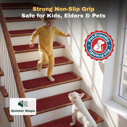 MBIGM 8" X 30" (15 in Pack) Nonslip Carpet Stair Treads Non-Skid Safety Rug Slip Resistant Indoor Runner for Kids Elders & Pets with Reusable Adhesive - Brown - Non Slip Stair Treads Indoor