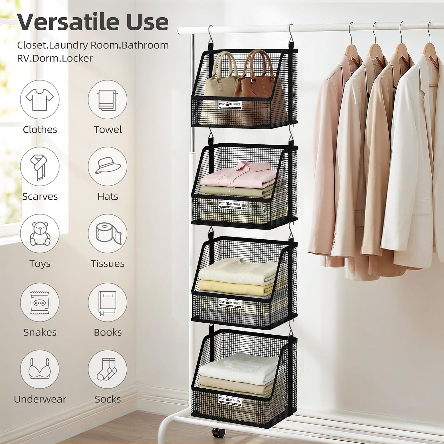 STORAGE MANIAC 3 Tier Hanging Closet Organizer with Mesh Baskets, Clothes Hanging Shelves, Foldable Stackable Storage, Space-Saving Collapsible Basket with Hooks for RV, Dorm, Bedroom, College, Black