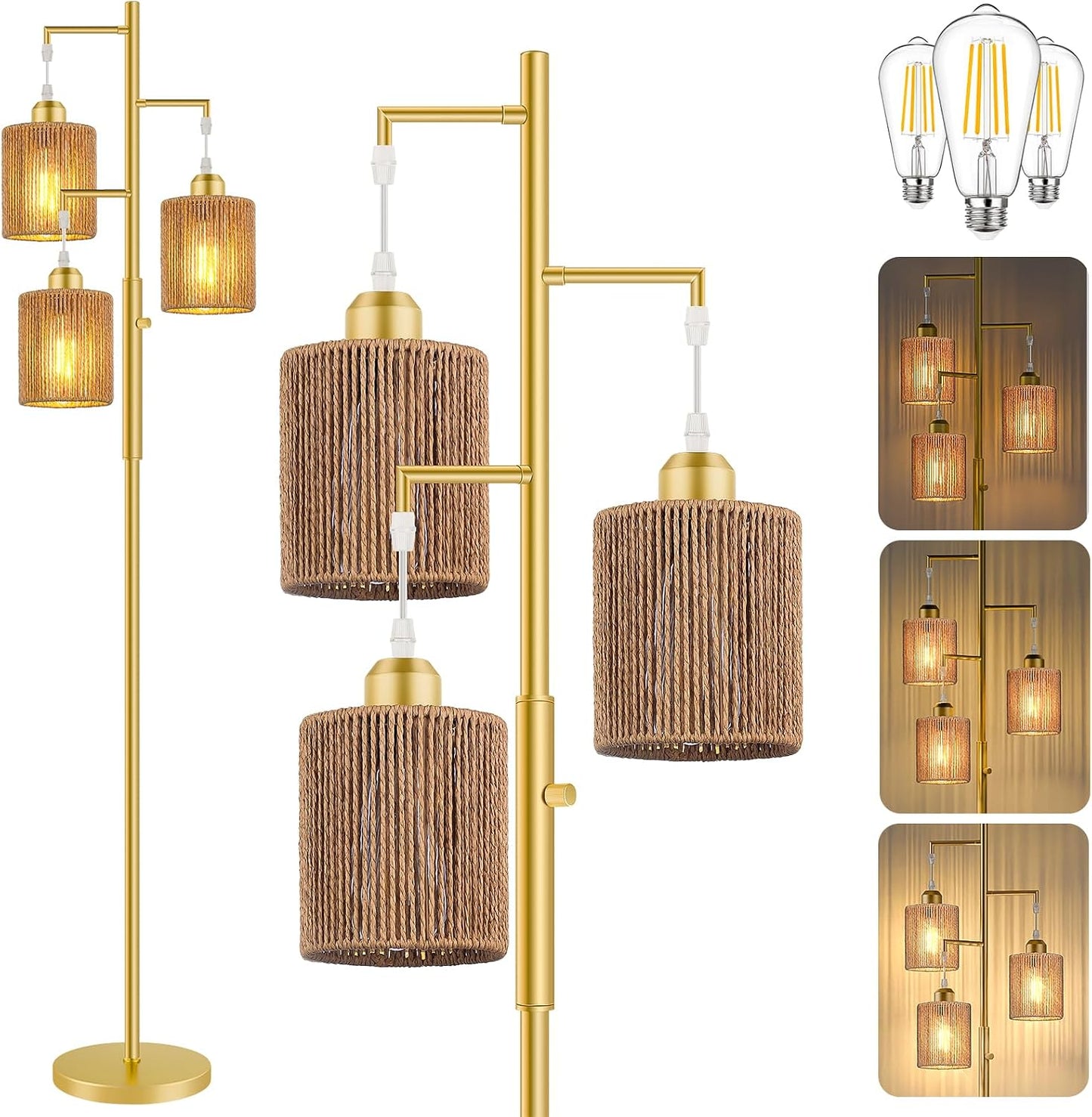 Hotsonic 72" Tall Boho Rattan Style Floor Lamp with Hand-Woven Paper Cord Shade, Dimmable Industrial Tree Standing Lamp for Living Room, Bedroom, Study Room, Office (3 x 800LM Bulbs Included) - Black