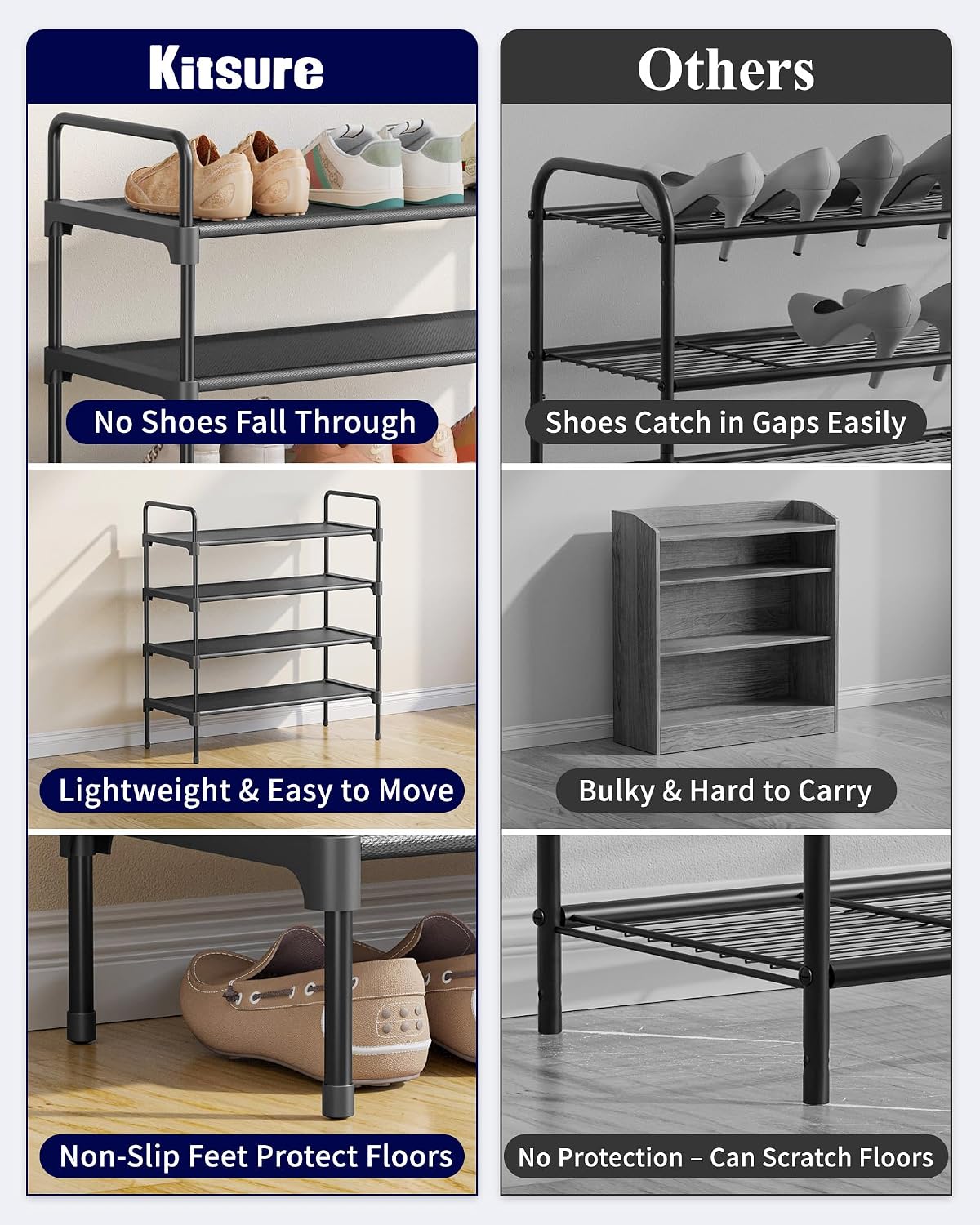 Kitsure Shoe Rack, 39" Wide Extra-Long Shoe Organizer, 3-Tier, Black | Closet, Front Door Entrance, Entryway, Stackable & Detachable Shelf, Closet Organizers and Storage