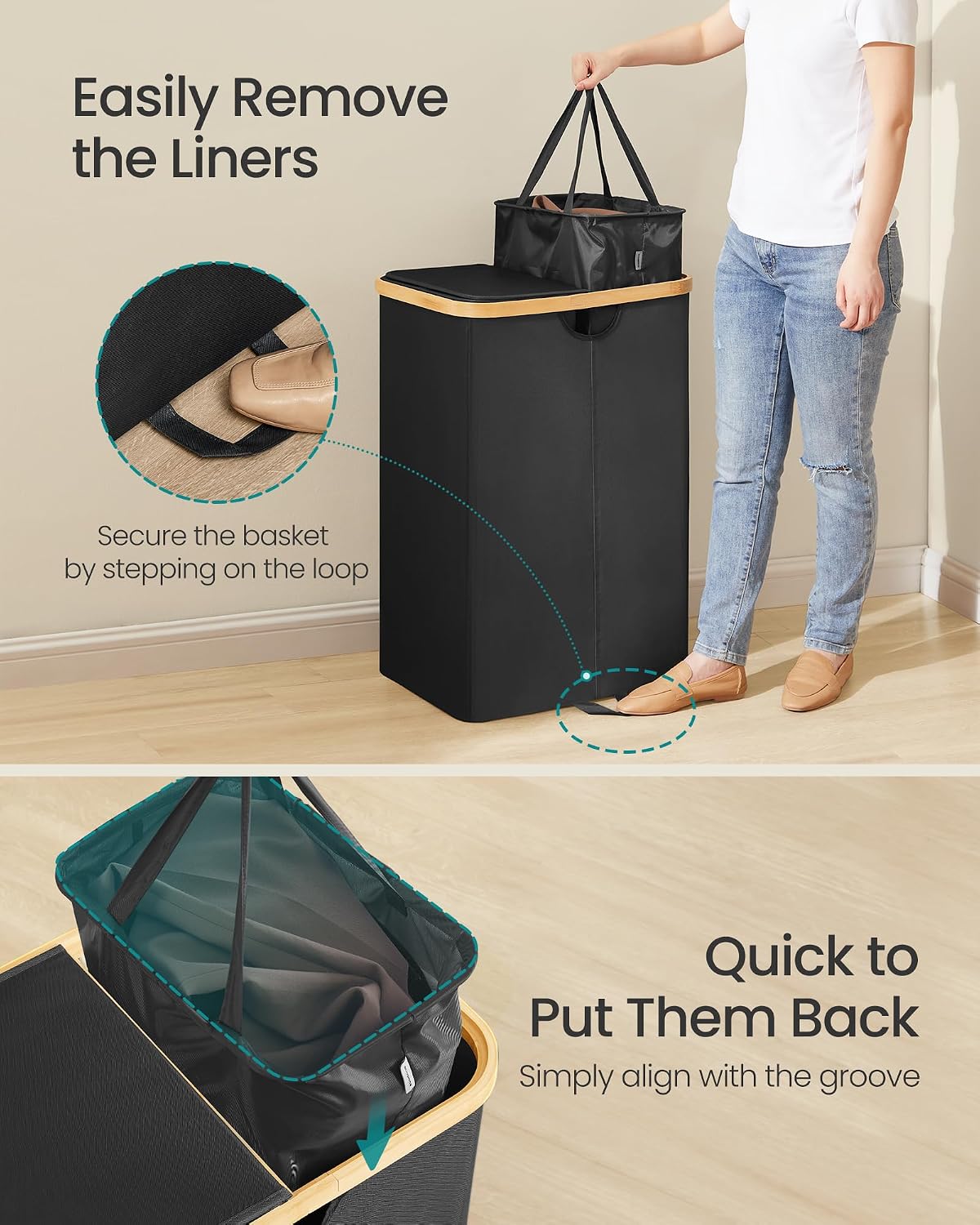 SONGMICS Laundry Hamper, Laundry Sorter with Lid, Storage Basket Bin, Removable Liners, Bamboo Frame, for Bedroom, 3 Sections, 44.9 Gal. (170 L), Ink Black ULCB533BH01