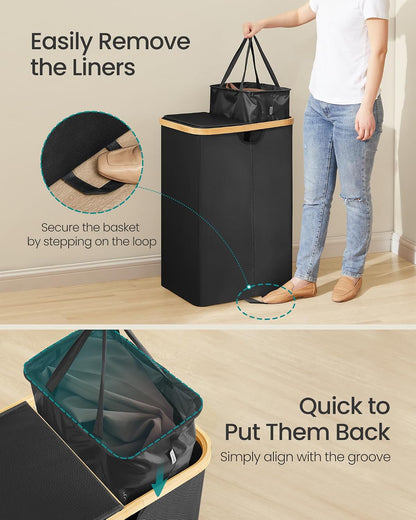 SONGMICS Laundry Hamper, Laundry Sorter with Lid, Storage Basket Bin, Removable Liners, Bamboo Frame, for Bedroom, 3 Sections, 44.9 Gal. (170 L), Ink Black ULCB533BH01