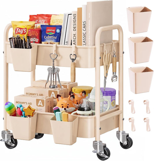 2 Tier Small Rolling Cart Metal with Wheels, White Under Desk Storage Cart on Wheels, Short Utility Roller Caddy Carts Organizer for Art,Craft,Pantry,Bathroom, Two Tiered Shelf Trolley,22 Inches Tall