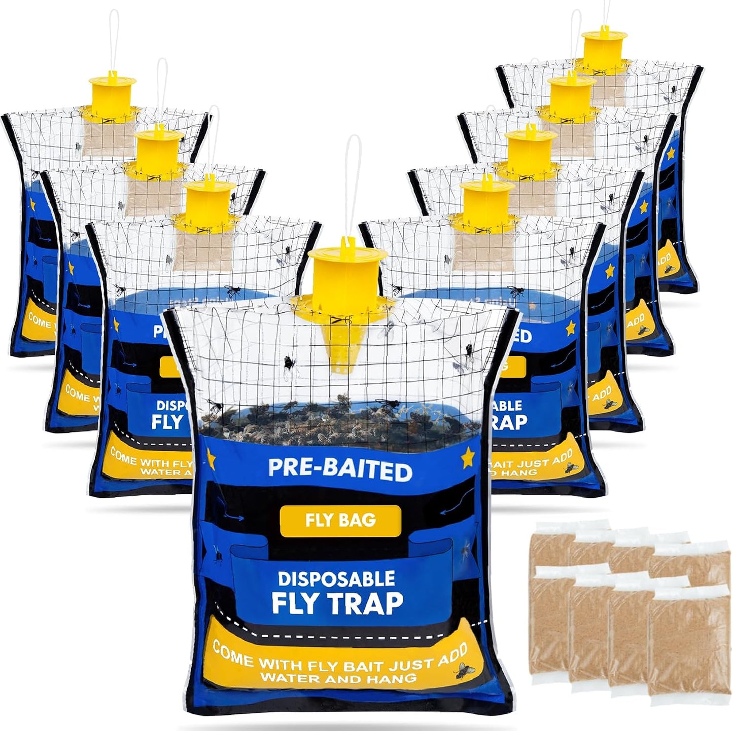 Big Disposable Hanging Fly Trap Bag 4 Pack for Chicken Coop Barn Ranch Farm | 50g Dissolvable Bait Fly Hunter for Flying Insects, Large Clear Capacity, No Messy Cleanup, Weatherproof Outdoor-only Use