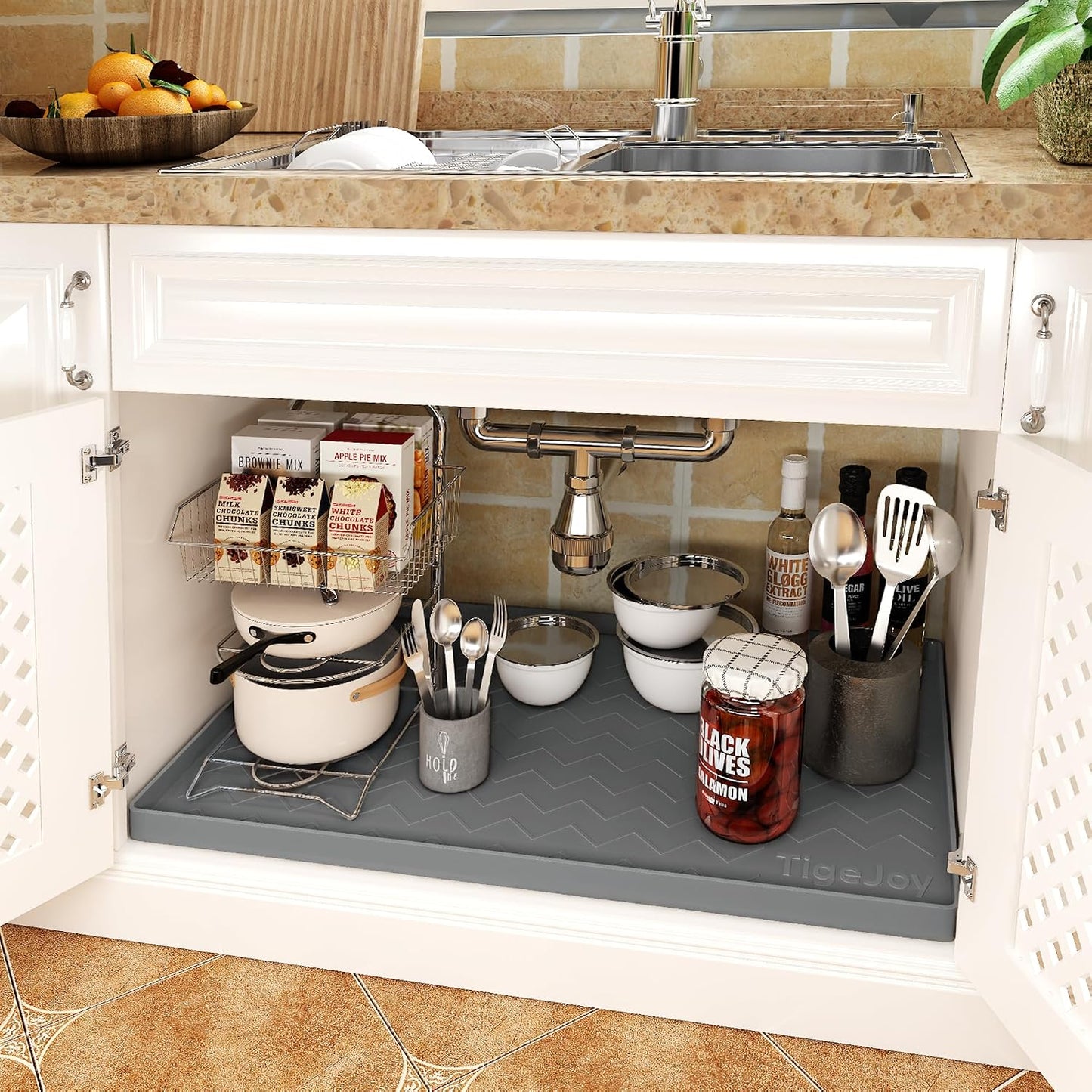 TigeJoy 28" x 19" Under Sink Mats for Kitchen Waterproof, Leak-Proof Silicone Mat Sink Protector and Cabinet Liner, Kitchen Essentials Organizer and Storage, Boot or Shoe Tray, Pet Feeding Mat