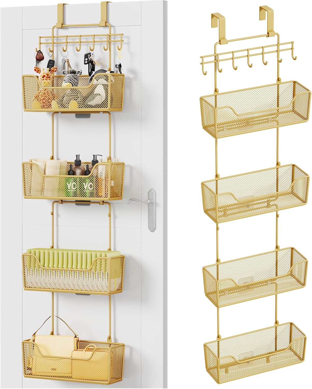 HapiRm Over The Door Organizer - Hanging Door Organizer with 4 Metal Large Capacity Baskets and Adjustable Coat Hook for Bathroom Bedroom Kitchen Pantry Closet Cabinet