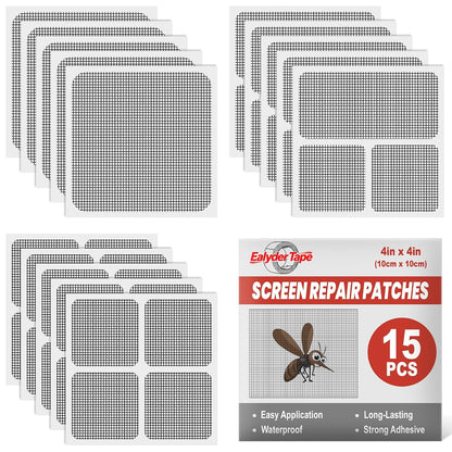 15 Sheets Window Screen Patches Repair Kit, Black 3 Sizes Fiberglass Screen Repair Patches, Strong Self Adhesive Quick Mesh Repair Tape for Window Screen Door, Mosquito Net Tears Holes Fix